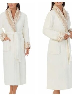 Plus Long Plush Wrap Robe with Faux Fur Trim - Cream